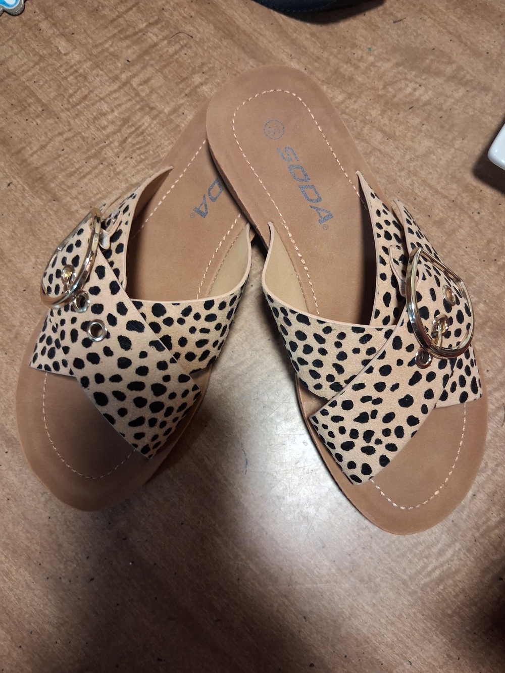 Soda Beige Leopard Print Buckle Slide Sandals